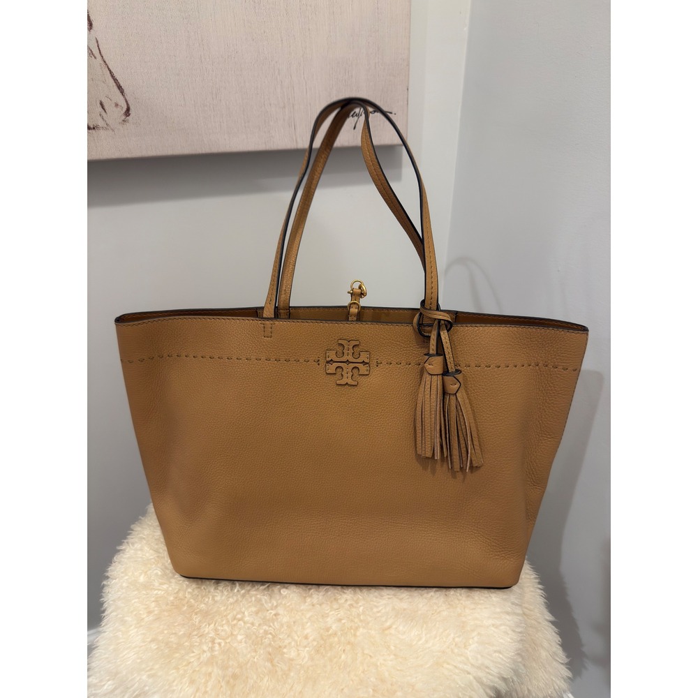 NWT Tory Burch McGraw Leather Tote Baguette Dark Tiramisu Tan Bag